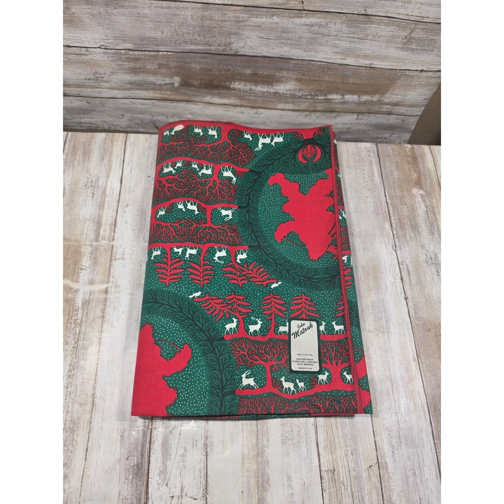 VTG John Matouk Christmas Tablecloth Red Green Reindeer Santa Cotton USA 59x84 - Picture 1 of 3